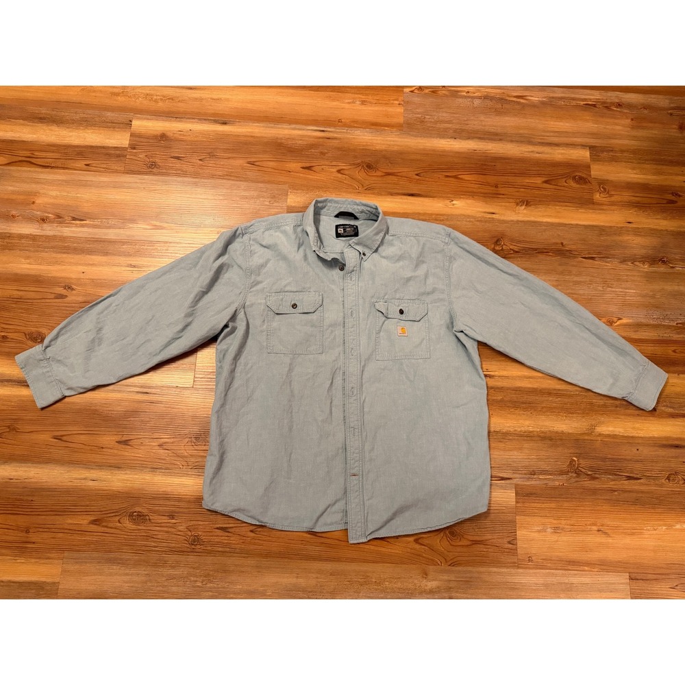Carhartt Mens 2XL Loose Fit Blue Chambray Work Shirt Button Up Long Sleeve